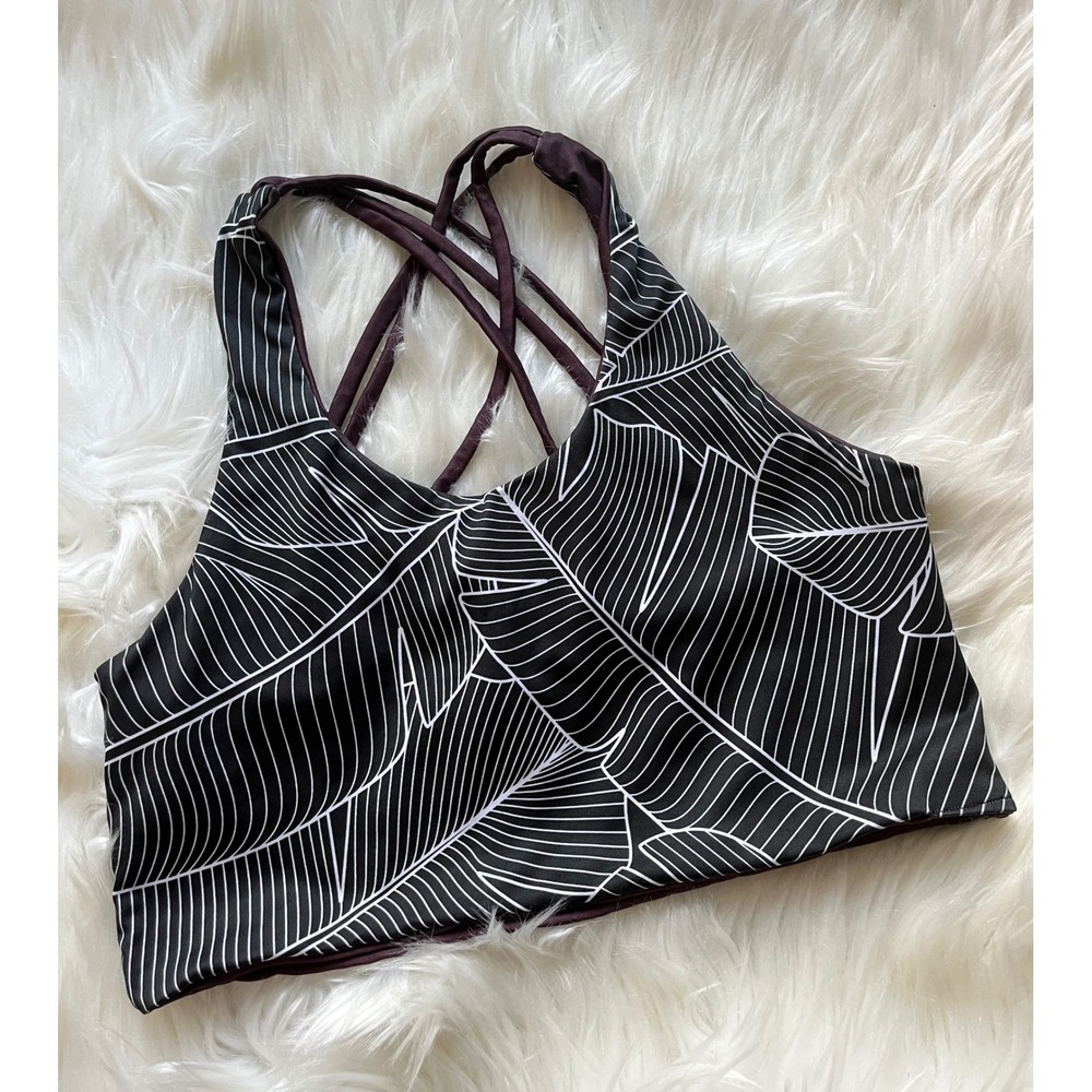 Kalokini Black Banana Leaf Strappy Back Sports Bra Medium